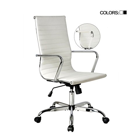 Elecwish,Adjustable Office Executive Swivel Chair, High Back Padded Tall Ribbed, Pu Leather, Wheels Arm Rest Computer Chair, Chrome Base, Home Furniture, Conference Room Reception (White)
