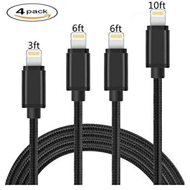[4 Pack]Lighting Cable, (3FT 6FT 6FT 10FT) Nylon Braided Charger Cable Cord Lightning to USB Cable Suppot iPhone 8/X 7/7 Plus/6/6s/6 Plus/6s Plus, iPad Pro/Air/mini,iPod（Black)
