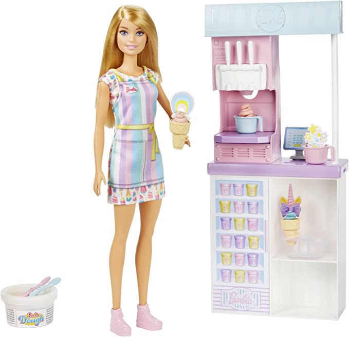 Barbie Ice Cream Shop Playset with 12 in Blonde Doll, Ice Cream Making Feature, 2 Dough Containers, 2 Bowls, 2 Cones, 3 Toppers, Gift for Ages 3 Years Old & Up