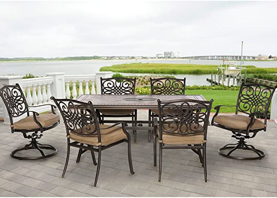 Hanover MONDN7PCSW-2 Monaco 7-Piece Rust-Free Aluminum Patio Dining Set Outdoor Furniture, Tan