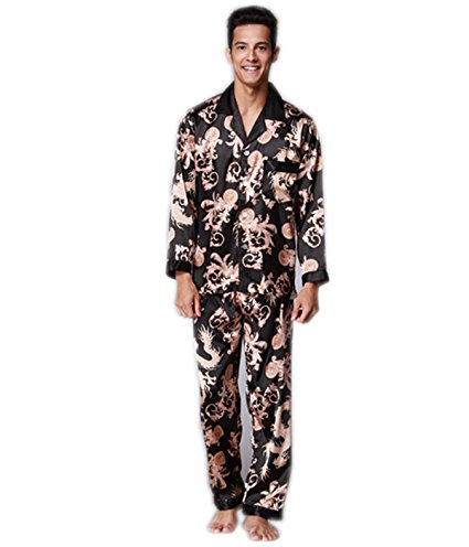 VERNASSA Men's Long Sleeves Chinese Dragon and Phoenix Pattern Sleepwear Silk Satin Pajama Set Pajama Shirt and Pant Satin Loungewear