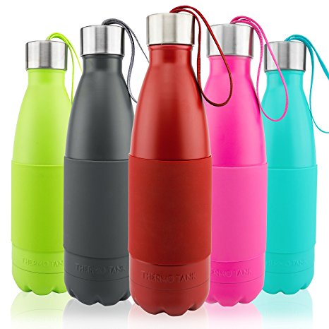 Thermo Tank Insulated Stainless Steel Water Bottle - Ice Cold 36 Hours! Vacuum   Copper Technology - Carry Loop Lid, Silicone Grip - 17 Ounce