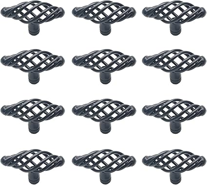 Dresser Knobs,12-Pack, Bird Cage Knobs Iron 2.3x0.9x1.5(LxWxH) Matte Black Hollow Shaped