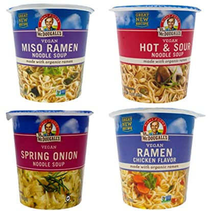 Dr. McDougall's Vegan Asian Noodle Cups 4 Flavor Variety Bundle, 1 Ea: Spring Onion, Miso Ramen, Chicken Ramen, and Hot & Sour (1.8-1.9 Ounces)
