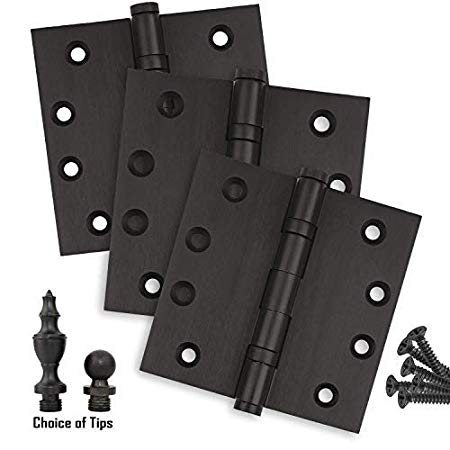 Door Hinges 4 x 4 Extruded Solid Brass Ball Bearing Heavy Duty Oil Rubbed Bronze US10B Stainless Steel Removable Pin, Architectural Grade, Ball/Urn/Button Tips Included (3)