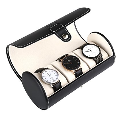 Kealive Watch Roll Organizer Leather Traveler's Portable for Travel 3 Watches Storage or Bracelet, Black