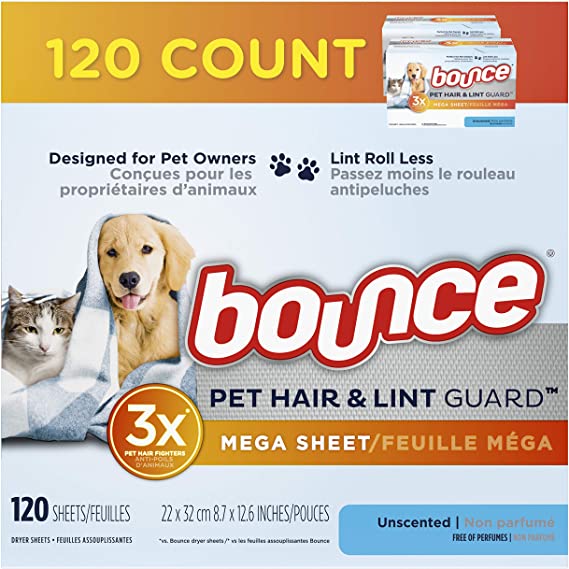 Bounce Pet Hair and Lint Guard Mega Dryer Sheets with 3X Pet Hair Fighters, Unscented, 120 Count