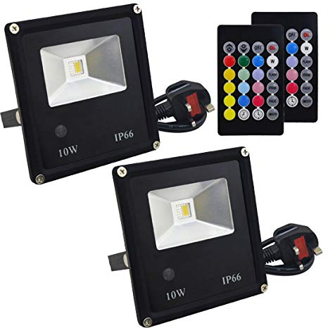 Jayool 10W RGB Floodlight, LED Colour Changing Flood Lights Outdoor with Remote, RGB   Warm White, Waterproof IP66, Timing, UK 3-Plug (2 Pack)