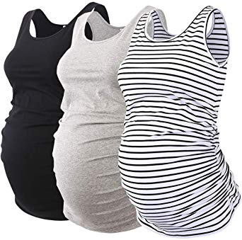 Ecavus Pack 3pcs Womens Layering Maternity Tank Top Pregnancy Shirt Scoop Neck Sleeveless Ruched Vest
