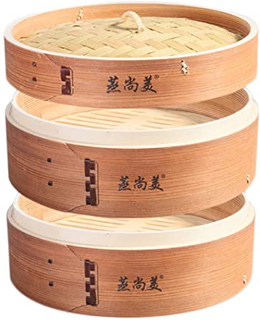 Hcooker 2 Tier Kitchen Wood Steamer Basket for Asian Cooking Buns Dumplings Vegetables Fish Rice