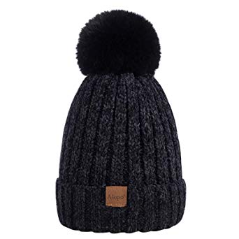 Alepo Womens Winter Beanie Hat, Warm Fleece Lined Knitted Soft Ski Cuff Cap with Pom Pom