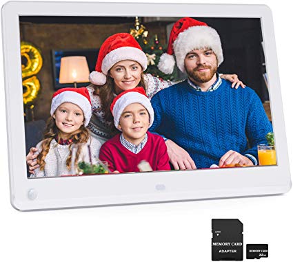 12 Inch Digital Picture Frame 1920x1080 Motion Sensor IPS Screen 16:9 Include 32GB SD Card 1080P HD Video Frame, Photo Auto Rotate, Support 128GB USB Drive, SD/MMC/MS Card White