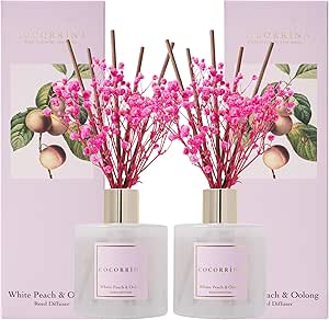 Cocorrína Reed Diffuser Set - White Peach& Oolong Reed Diffuser 2 Packs 6.7oz Scent Fragrance Oil Diffuser for Bedroom Bathroom