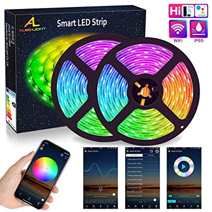 WIFI LED Strip 10M (2x5M), ALED LIGHT RGB LED Strips Lights 5050 SMD 300 (2x150), 16 Million Colors, Sync with Music, IP65 Waterproof, Smart Phone APP Controlled LED Band, Work with Alexa, Google Home