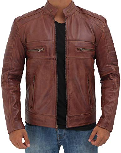 Blingsoul Brown Leather Jacket for Men - Distressed Motorcycle Real Leather Jackets