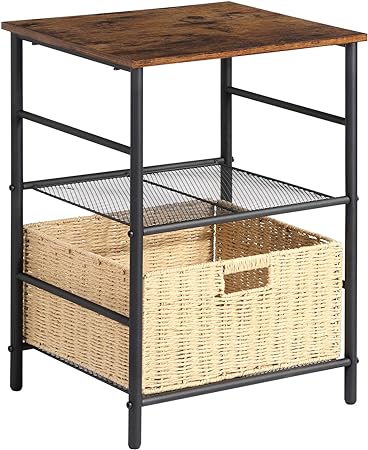 VECELO Industrial Side/End Table with Wicker Basket Storage Shelf Printer Stand for Office Living Room Bedroom, 2-Tier Nightstand, Black Metal Frame& Rustic Wood Grain, Easy Assembly