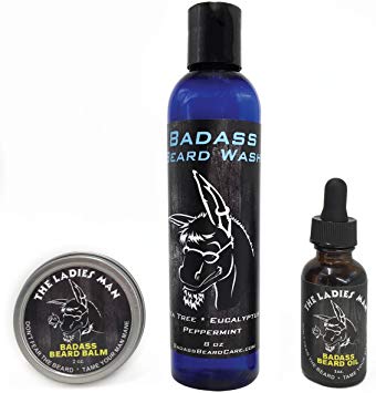 Badass Beard Care Badass Beard Wash, Beard Oil, and Beard Balm Combo for Men - Natural Ingredients, Keeps Beard and Mustache Full, Soft and Healthy, Reduce Itchy, Flaky Skin, Promote Healthy Growth