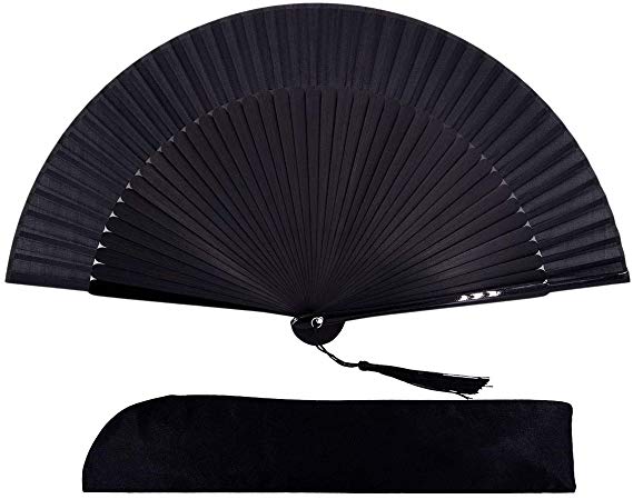 Amajiji 8.27"(21cm) Hand Held Bamboo Silk Folding Fan Hand Fan,Chinese/Japanese Charming Elegant Vintage Retro Style,Women Ladys Girls Best Gifts (Black)