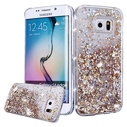 Urberry Galaxy S7 Edge Case, Gold S7 Edge Glitter Liquid Cover, Flowing Liquid Floating Luxury Bling Glitter Sparkle Hard Case for Samsung Galaxy S7 Edge with a Free Screen Protector