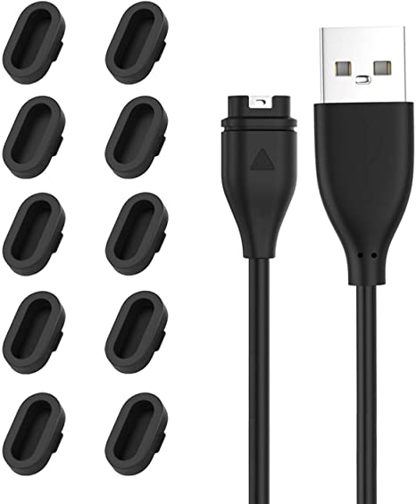 MoKo 10 Pack Black Dust Plugs and Charging Cable Set Fit Garmin Fenix 5/Fenix 5S/5X/6/6S/6X/6 Pro/6S Pro/6X Pro/Vivoactive 3/4/4S/Venu/Approach S60/X10/X40, Silicone Dust Plug with Charger Cable