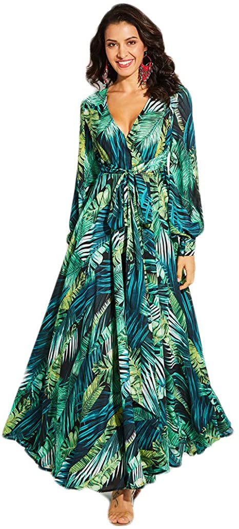 ROVLET Women's Floral Maxi Dresses Boho Chiffon Long Sleeve Sexy V Neck Dress Beach Party Dress Holiday Sundress