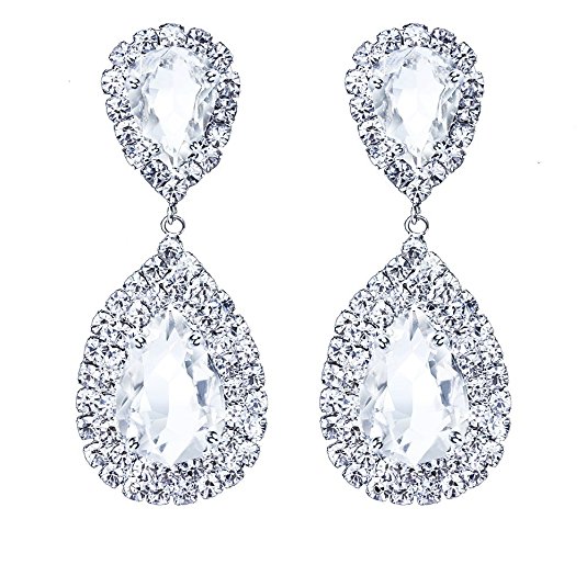 Wedding Jewelry Teardrop Silver Crystal Bridal Dangle Earrings for Women or Bridesmaids
