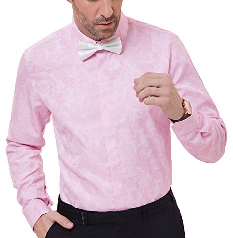 Men's Stylish Paisley Pattern Long Sleeve Spread Collar Dress Shirt Size S Pink