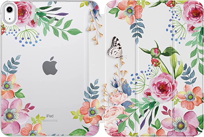 MoKo Case for New iPad 10th Generation Case 2022, iPad 10.9 Case with Soft TPU Translucent Frosted Back Cover, Slim Shell Stand Protective Case with Auto Wake/Sleep, Support Touch ID, Fragrant Flowers