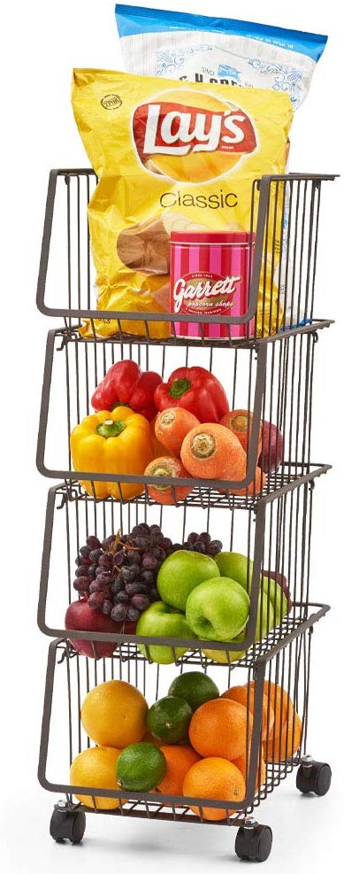 Metal Wire Baskets, EZOWare 4-Tier Stackable Basket Organizer Bin Rolling Utility Cart Rack for Kitchen Pantry - Rustic Brown