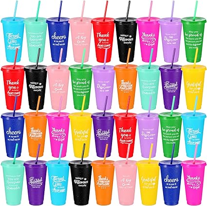 Skylety 36 Pcs Thank You Gifts 24 oz Tumbler Cup Inspirational Tumbler with Lid and Straw Reusable Plastic Bulk Tumblers Appreciation Gift for Coworker Women Mom Teacher (Bright Color)