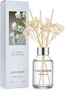 COCODOR Flower Reed Diffuser Set / 3.4oz / White Jasmine/Scent Diffuser with Sticks Home Fragrance Reed Diffuser for Bathroom Shelf Decor