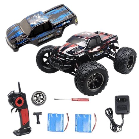 E-COM 2*Li-ion Batteries  2*shell Monster RC Truck 35 MPH 1/12 Scale Full Proportional 2.4GHz 2WD High Speed RC Car Off Road (Red   Blue  Replacement Battery)