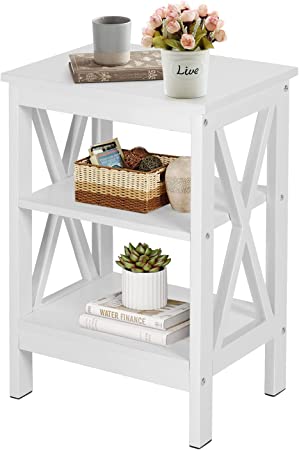 VECELO Nightstand Sofa Side Table with 3-Tier Storage Shelf for Living Room, Bedroom, Stable Steel Frame, Easy Assembly, End, White