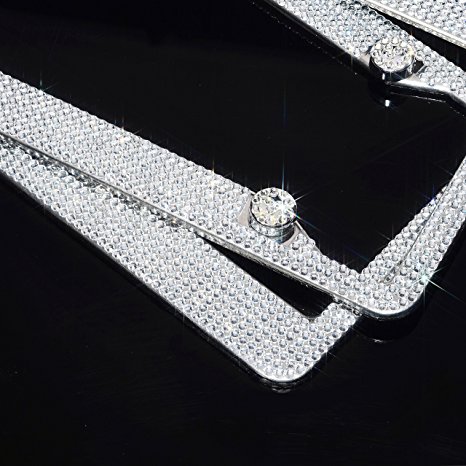 2 Pack Handcrafted Bling Crystal Premium Stainless Steel License Plate Frame (Crystal)