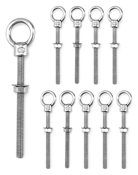 QWORK Threaded Eyebolts, 10 Pack 5/16" x 4" M8 Marine Grade Long Stainless Steel Shoulder Eye Bolts