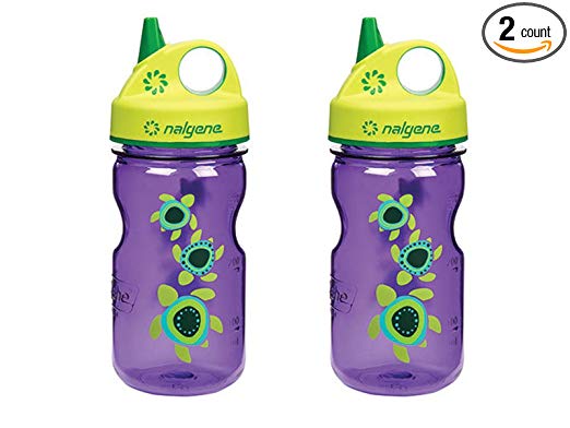 Nalgene Grip 'N Gulp Sea Turtles Bottle Purple with Green Cap 12 Ounce Water Bottle. 2 Bottle Pack