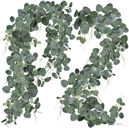 2 Pcs Eucalyptus Garland Artificial Greenery Garland Face Silver Dollar Eucalyptus Leaves Table Runner Garland Ivy Vine Greenery for Wedding Arch Jungle Party Backdrop Baby Shower Christmas Decoration