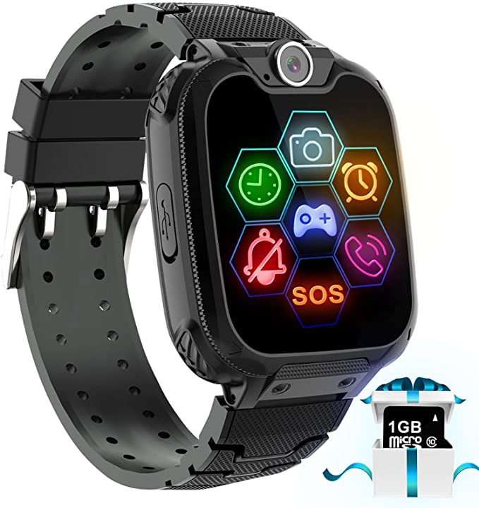 Kids Game Smart Watch Phone - 1.54” Touch Screen Game Smartwatches with [1GB Micro SD Card] Call SOS Camera 7 Games Alarm Clock Music Player Record for Children Boys Girls for 4-12 Years (Black)