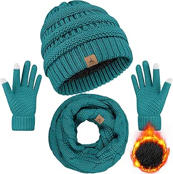 Winter Beanie Hat Scarf Gloves, Warm Fleece Knit Winter Hats Touch Screen Gloves Neck Scarf Set Winter Gifts for Unisex Adult