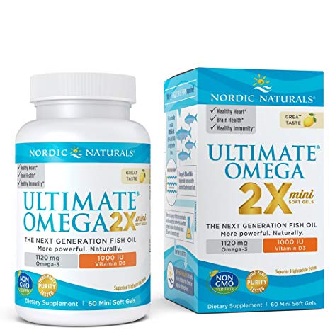 Ultimate Omega 2X Mini D3 - Nordic Naturals Omega-3 Supplement with Vitamin D3 Supports Heart, Brain, Immune and Bone Health, Lemon Flavor, 60 Soft Gels