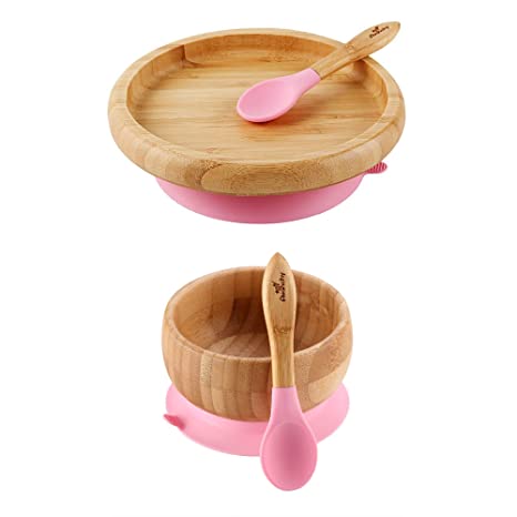 Avanchy Bamboo Classic Baby Plate   Bamboo Baby Bowl   Spoon. Strong Suction Bottom fits Most high Chairs.