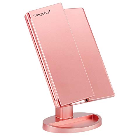 Lighted Makeup Mirror, Magicfly 10X 3X 2X 1X Magnifying Mirror 21 LED Lighted Tri-Fold Makeup Mirror with Touch Screen and 180° Adjustable Stand, Dual Power Mode Travel Beauty Mirror (Ｒose gold)