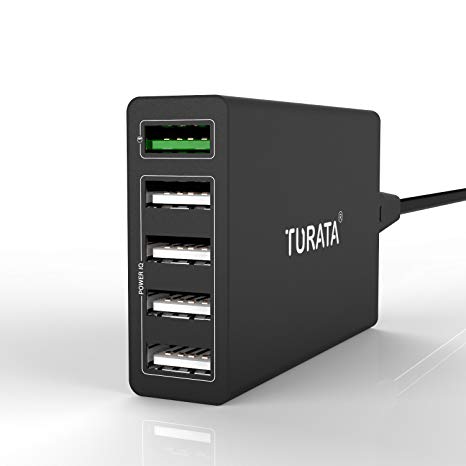 USB Charger, TURATA 5 Port Quick Charge 3.0 50W/10A USB Charging Station (Quick Charge 2.0 Compatible) Made for Samsung Galaxy, LG, iPhone, iPad, Nexus, HTC, Motorola and More(Qualcomm Certified)-Blac