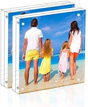 Meetu Acrylic 5x5 Picture Frame 2 Pack Clear Two Sided Desk Photo Frame Magnetic Frame Inner Size 4x4 with Gift Pack for Display Family Pictures Baby Photos Friends Pictures Pet Dog Picture