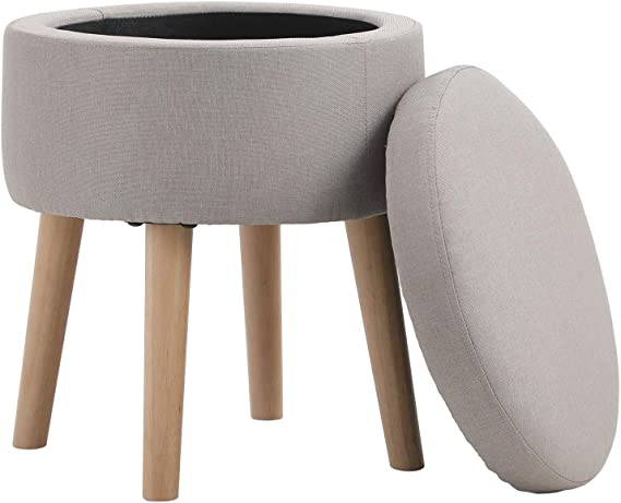 Round Storage Ottoman Footrest Stool with Removable Lid Side Table Seat Padded Linen with Wood Legs Upholstered Decorative Furniture Rest for Living Room, Bedroom Kids Room-Grey