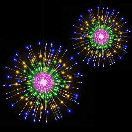 BizoeRade Firework Lights, 2 Pack Christmas Firework LED Lights, 200 LED Starburst Lights with 8 Flash Modes, Battery Operated LED Firework String Lights with Remote, House Outdoor Party Decorations