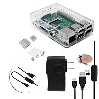 Smraza 4 in 1 Starter Kit for Raspberry Pi 3 2 with Clear Case,Power Supply,2pcs Heatsinks and Micro USB with On/Off Switch