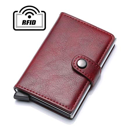 Credit Card Holder RFID Blocking Wallet Slim Wallet PU Leather Vintage Aluminum Business Card Holder Automatic Pop-up Men and Women Card Case Wallet EDC（Red）