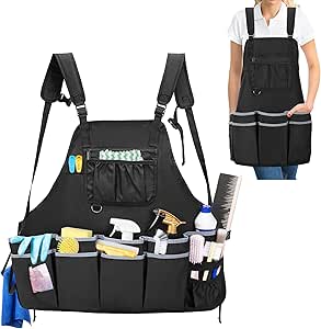 Large Cleaning Apron with Dual Shoulder Straps, House Cleaning Apron with Multiple Pockets for Housekeeping Work Supplies, Water-resistant Cleaning Caddy Apron for Women & Men (Apron Only)