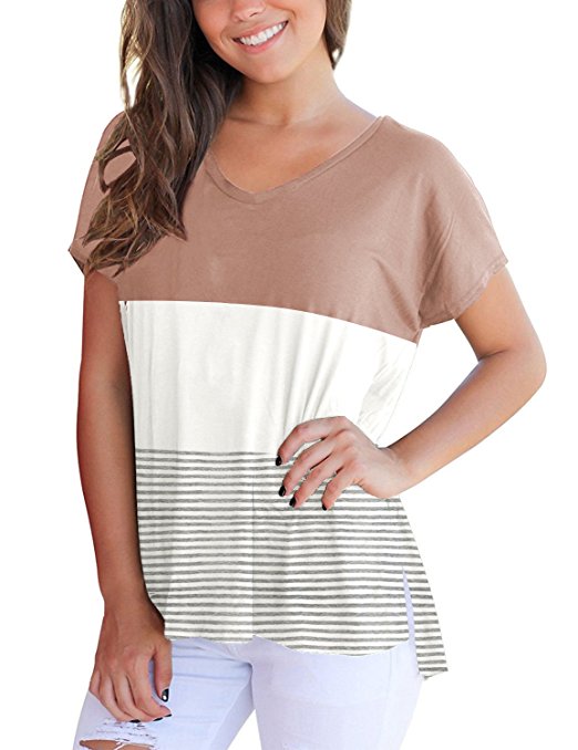 Women's Short Sleeve V Neck Triple Color Block Stripes Casual Summer T-Shirts